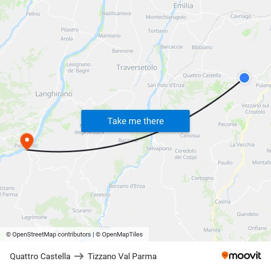 Quattro Castella to Tizzano Val Parma map
