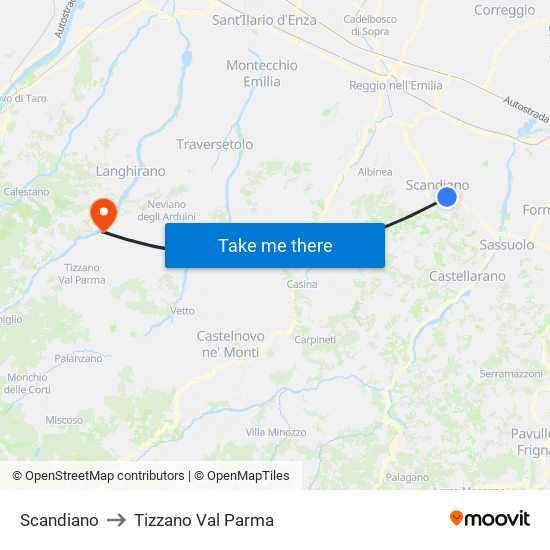 Scandiano to Tizzano Val Parma map