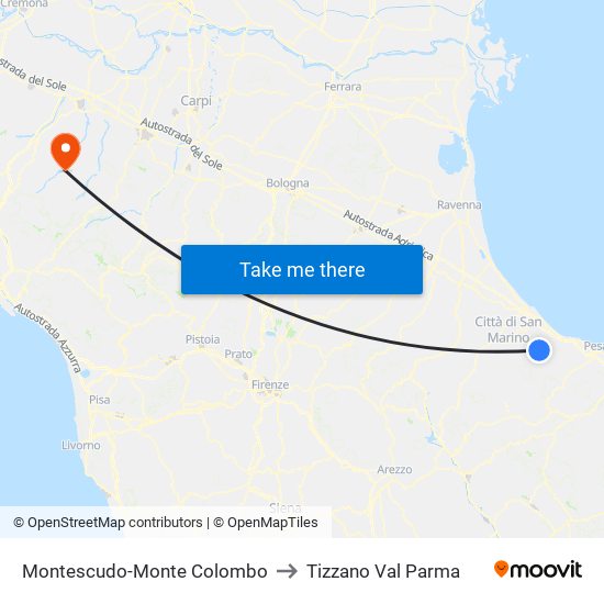 Montescudo-Monte Colombo to Tizzano Val Parma map