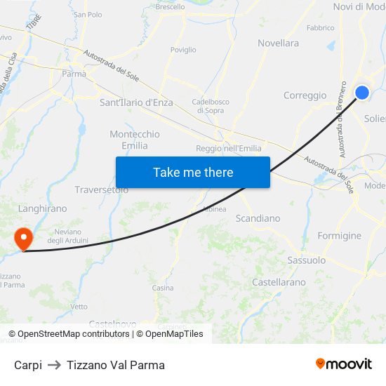 Carpi to Tizzano Val Parma map