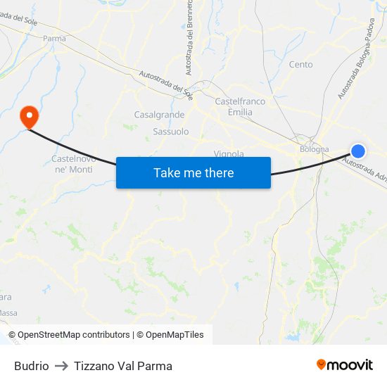 Budrio to Tizzano Val Parma map
