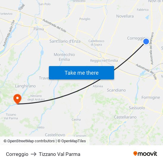 Correggio to Tizzano Val Parma map