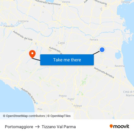 Portomaggiore to Tizzano Val Parma map