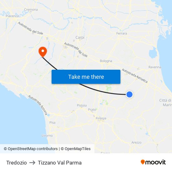 Tredozio to Tizzano Val Parma map