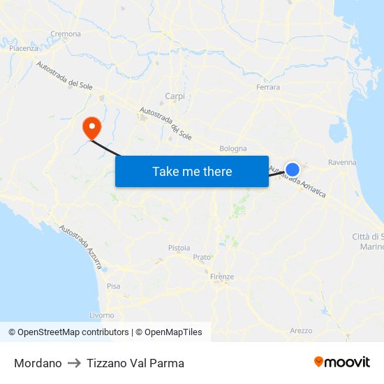 Mordano to Tizzano Val Parma map