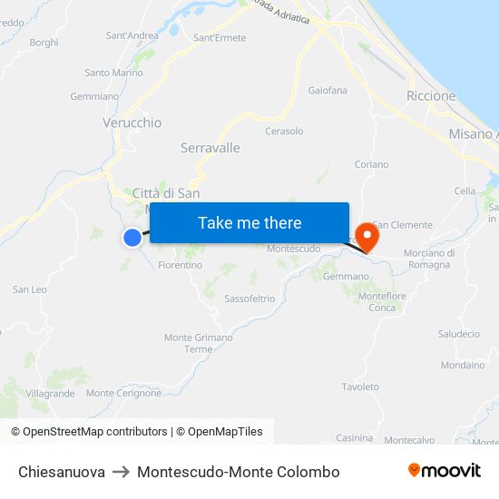 Chiesanuova to Montescudo-Monte Colombo map