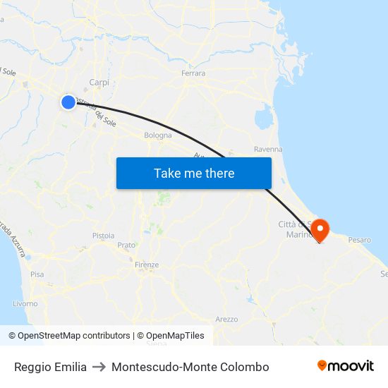 Reggio Emilia to Montescudo-Monte Colombo map