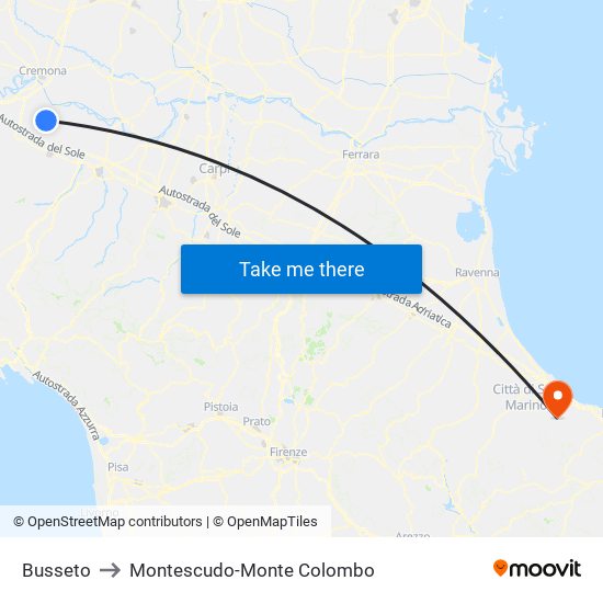 Busseto to Montescudo-Monte Colombo map