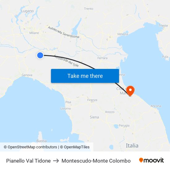 Pianello Val Tidone to Montescudo-Monte Colombo map