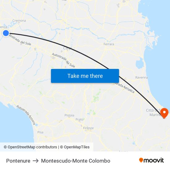 Pontenure to Montescudo-Monte Colombo map