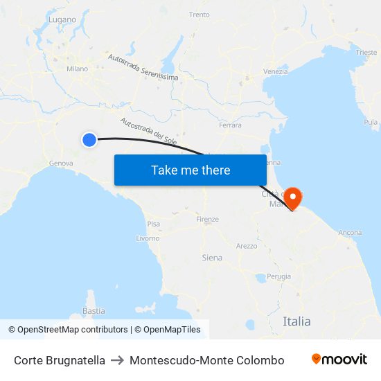 Corte Brugnatella to Montescudo-Monte Colombo map