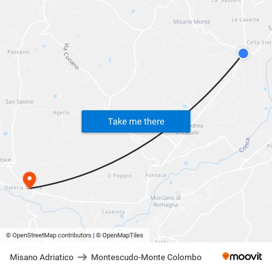 Misano Adriatico to Montescudo-Monte Colombo map