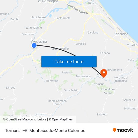 Torriana to Montescudo-Monte Colombo map