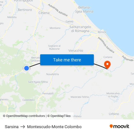 Sarsina to Montescudo-Monte Colombo map