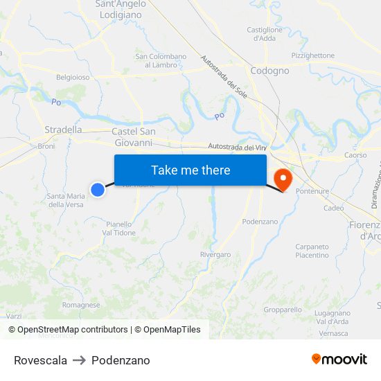 Rovescala to Podenzano map