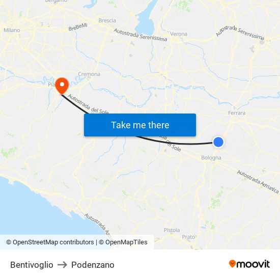 Bentivoglio to Podenzano map