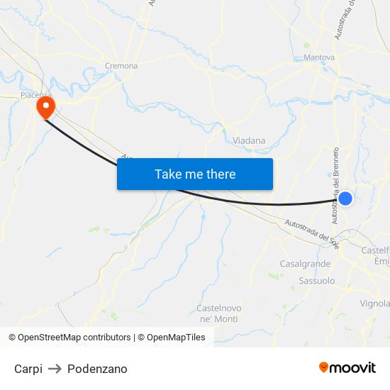 Carpi to Podenzano map