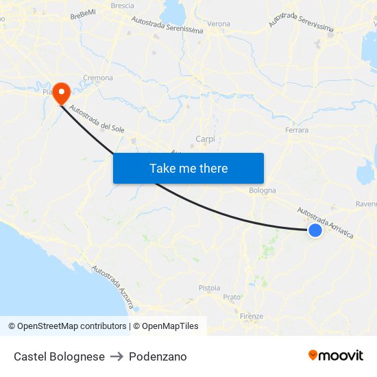 Castel Bolognese to Podenzano map