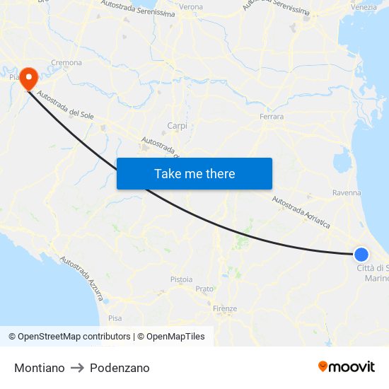 Montiano to Podenzano map