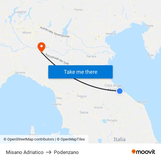 Misano Adriatico to Podenzano map