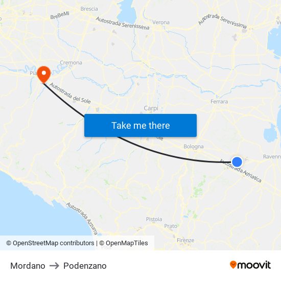 Mordano to Podenzano map