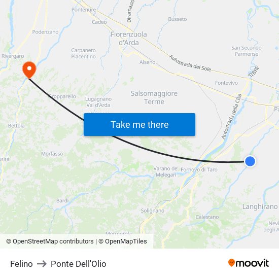 Felino to Ponte Dell'Olio map