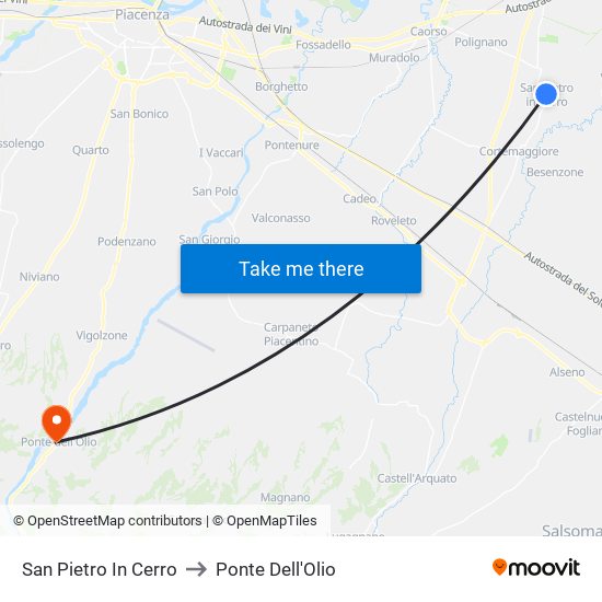 San Pietro In Cerro to Ponte Dell'Olio map