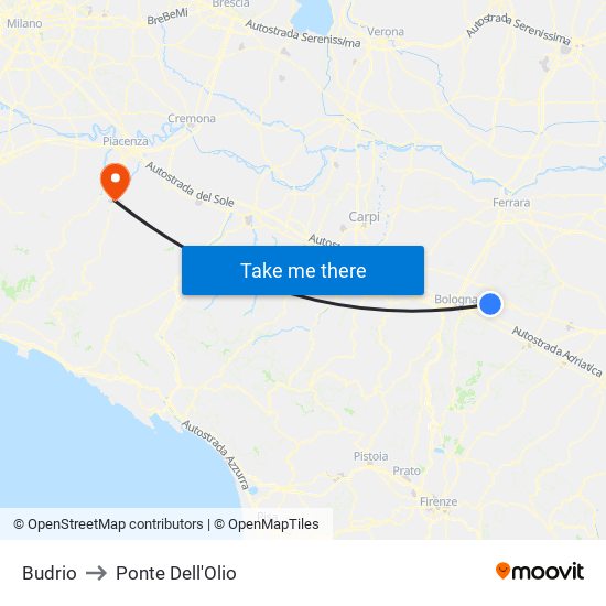Budrio to Ponte Dell'Olio map