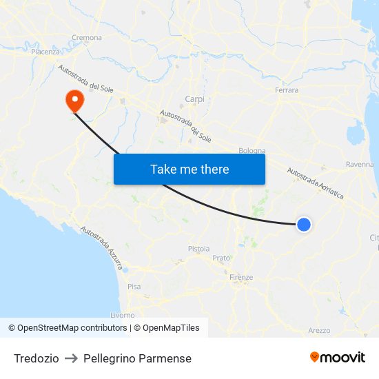 Tredozio to Pellegrino Parmense map