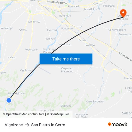 Vigolzone to San Pietro In Cerro map