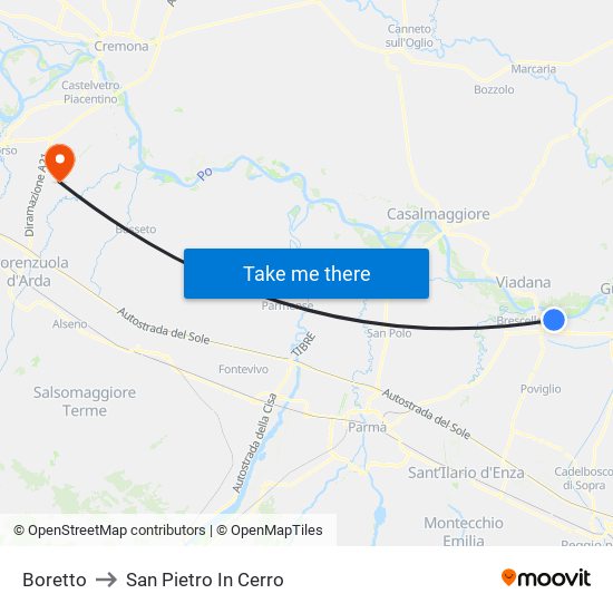 Boretto to San Pietro In Cerro map