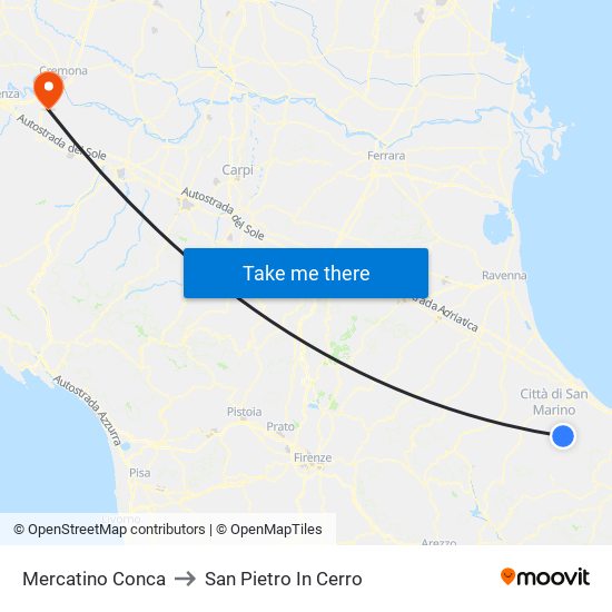 Mercatino Conca to San Pietro In Cerro map