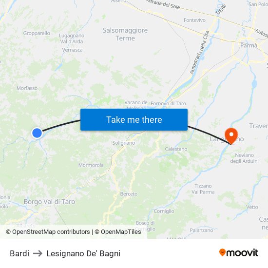 Bardi to Lesignano De' Bagni map