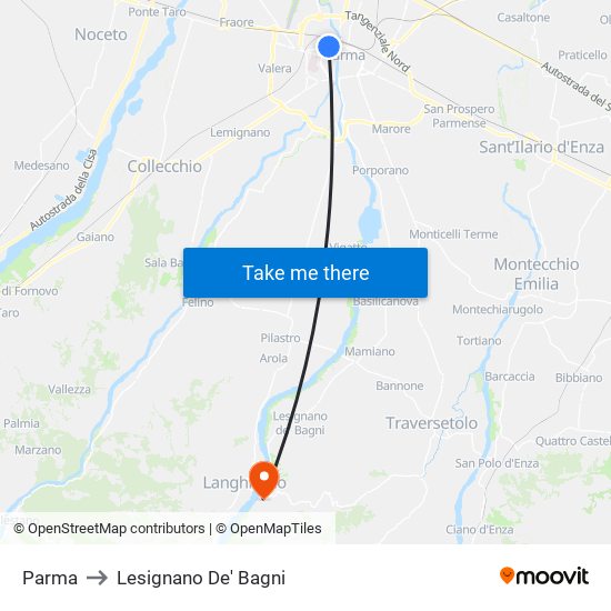 Parma to Lesignano De' Bagni map