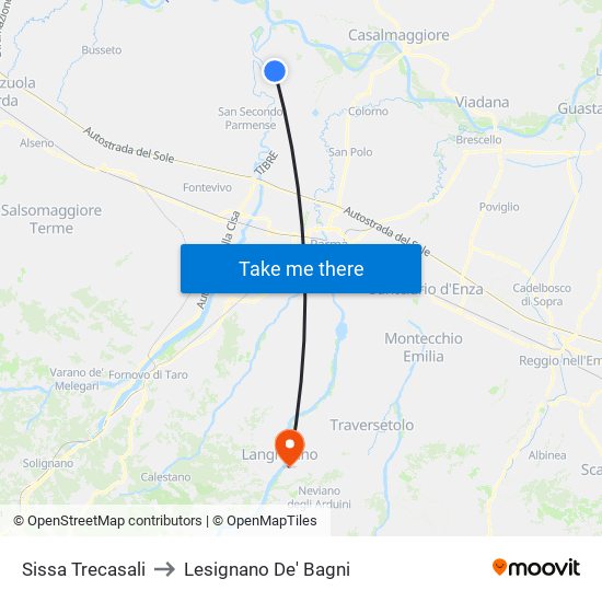 Sissa Trecasali to Lesignano De' Bagni map