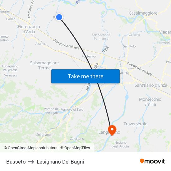 Busseto to Lesignano De' Bagni map