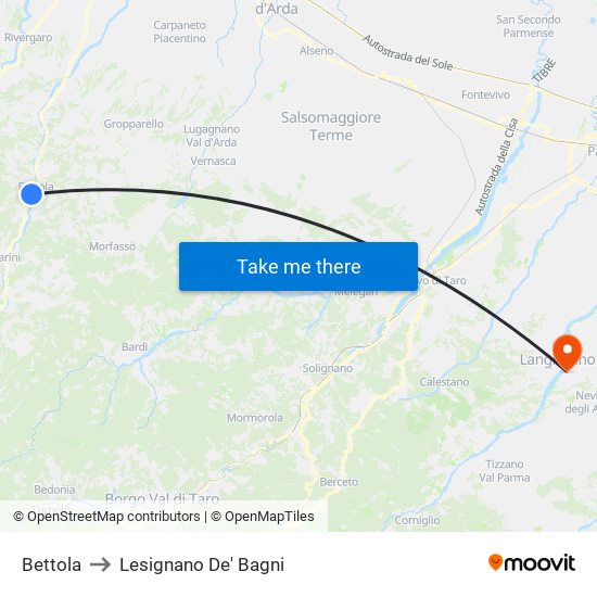 Bettola to Lesignano De' Bagni map