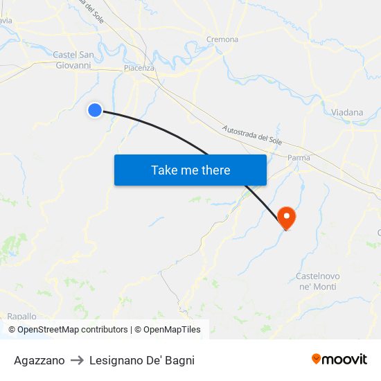 Agazzano to Lesignano De' Bagni map