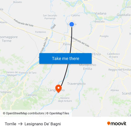 Torrile to Lesignano De' Bagni map