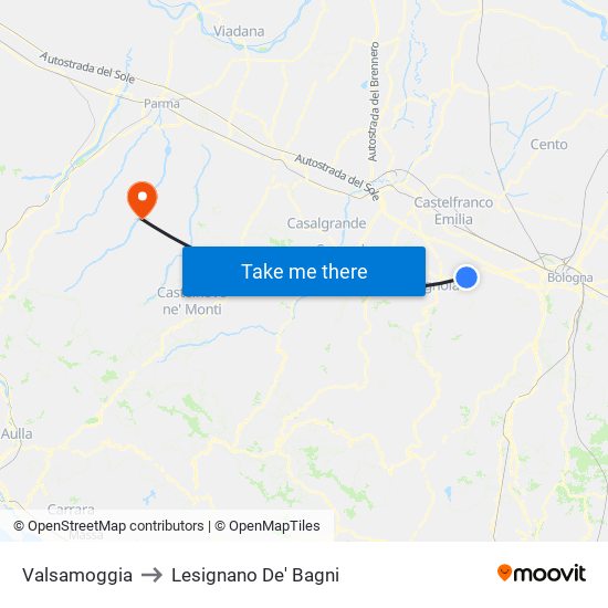 Valsamoggia to Lesignano De' Bagni map