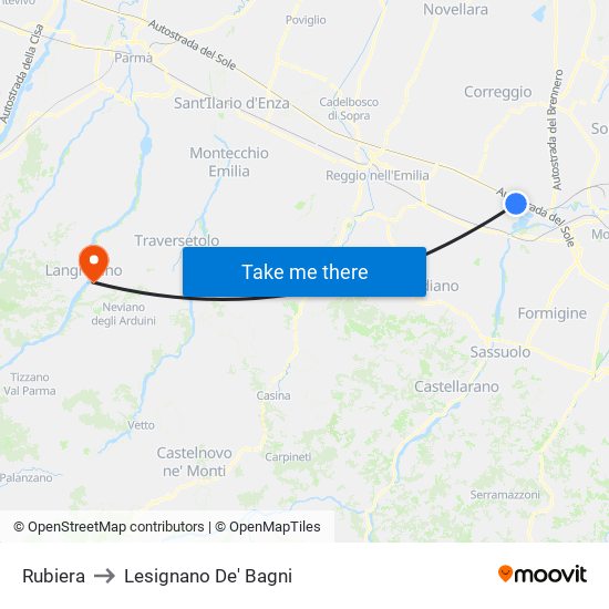 Rubiera to Lesignano De' Bagni map