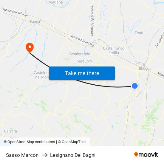 Sasso Marconi to Lesignano De' Bagni map