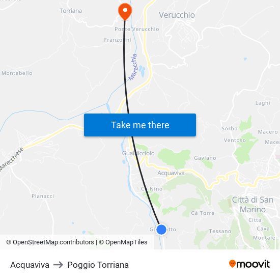 Acquaviva to Poggio Torriana map