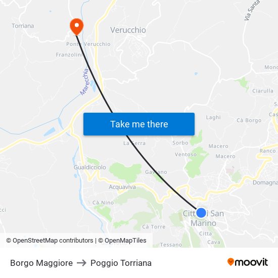 Borgo Maggiore to Poggio Torriana map