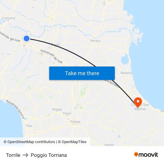 Torrile to Poggio Torriana map