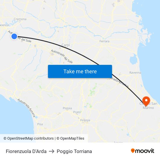 Fiorenzuola D'Arda to Poggio Torriana map