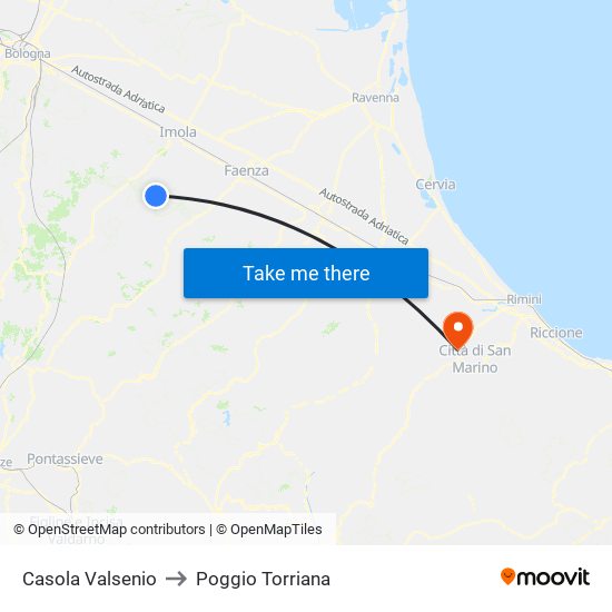 Casola Valsenio to Poggio Torriana map
