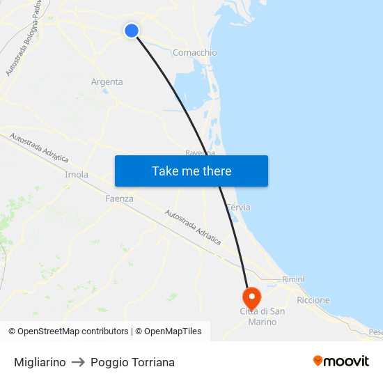 Migliarino to Poggio Torriana map