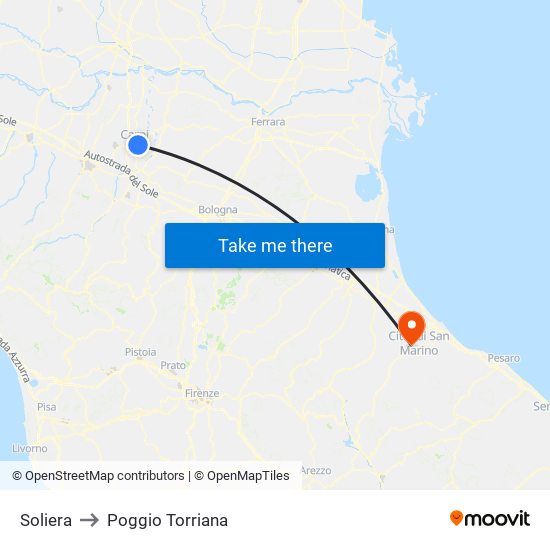 Soliera to Poggio Torriana map