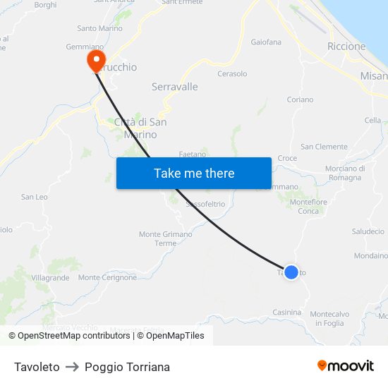 Tavoleto to Poggio Torriana map